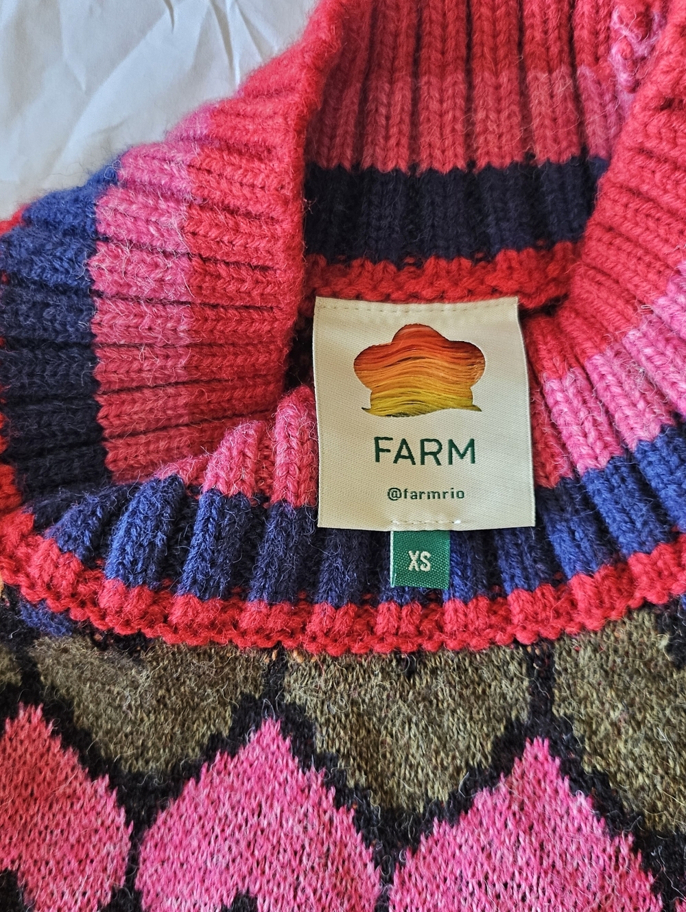 Farm Rio Full Of Hearts Jacquard Sweater Size Medium Rainbow Wool Puff Sleeves - Picture 2 of 6